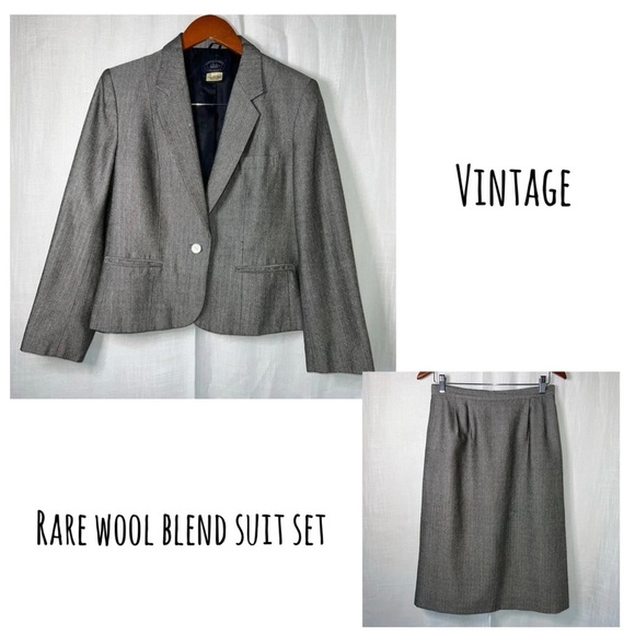 Vintage Boston Clipper Herringbone Wool Blazer and Skirt Set - Rare Size 14 - Picture 1 of 11